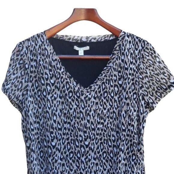 Dana Buchman Animal Leopard Print  Netted V-neck Short Sleeved Top Tan Blk Sz XL - Picture 4 of 8